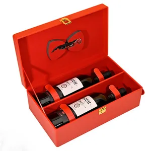 Usine personnalisée rouge double boîte en cuir de vin marquage à chaud boîte-cadeau portable en relief pas cher boîte d'emballage en cuir PU pour le vin