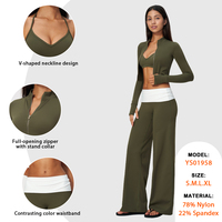 Nouvel ensemble de fitness : Soutien-gorge à bretelles, débardeur moulant, veste courte très extensible, pantalon large à taille contrastante – Ensemble de yoga