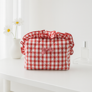 2025 2026 Logo personnalisé mignon rouge sac cosmétique pochette de maquillage Floral pour voyage rouge matelassé sac de maquillage - Product Image 1