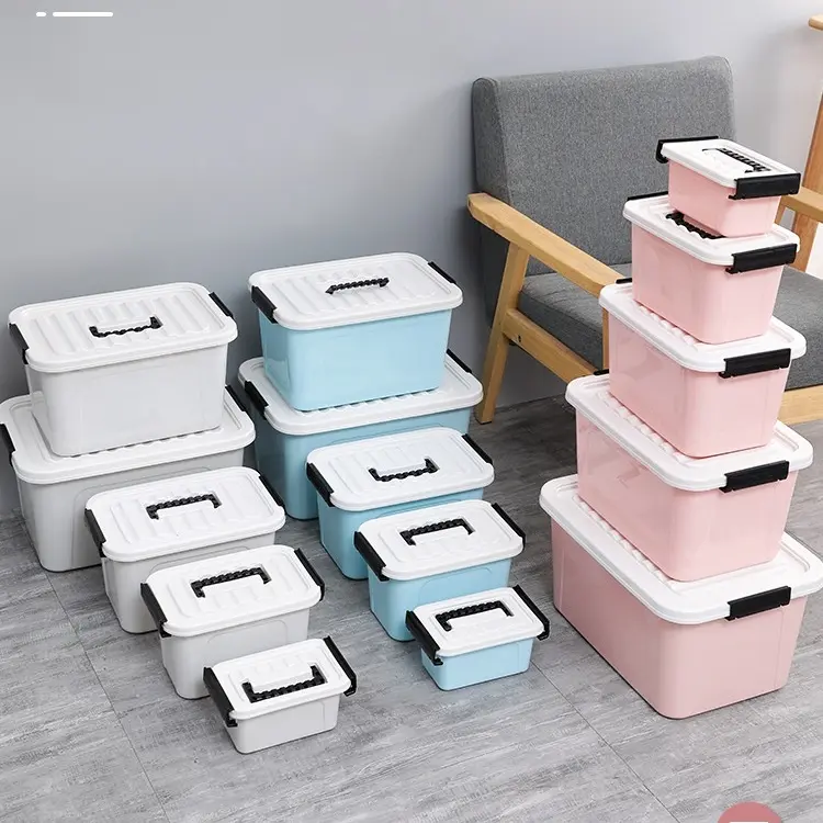 Household Large Capacity Stackable Plastic Storage Boxes   Bins with Lid Handle Portable 5 Sizes Set Household Clothes Organizer