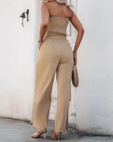 Ensemble deux pièces pour femme : haut court sans bretelles à boutons et pantalon large taille haute avec poches, style décontracté