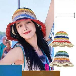 Sombrero de Paja Tejido <span class=keywords><strong>a</strong></span> <span class=keywords><strong>Crochet</strong></span> para Mujer, <span class=keywords><strong>Visera</strong></span> <span class=keywords><strong>con</strong></span> Rayas de Colores del Arcoíris, Plegable, Tipo Bucket, para Playa y Protección Solar - Product Image 2