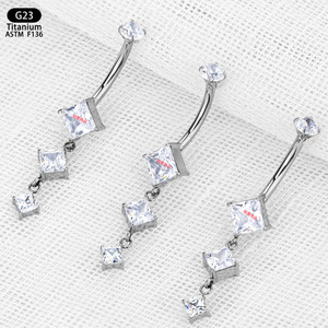 Piercing de nombril géométrique carré en zircon avec pampille, en alliage de titane F136, 10 mm, bijou corporel pour piercing - Product Image 2