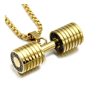 Fashionable mens dumbbell pendant sport necklace silver gold new design pentacle pendant necklace for men