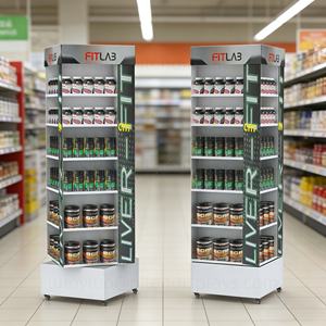 Étagère de présentation rotative à 360 degrés en métal avec roulettes, présentoir de supermarché à 4 faces pour l'organisation des confitures, des épices et des condiments - Product Image 1
