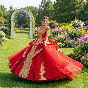 Xs251 <b>Red</b> Evening Dress With Long Sleeves Crystal Embroidery <b>Sequined</b> Lace-Up Back Turtle Wedding Dress Jancember - Product Image 1