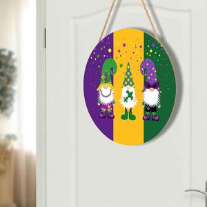 Décoration de porte d'entrée de plaque de porte naine de carnaval, plaque en bois de point vert jaune violet suspendu rond - Product Image 2