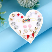 Grosir 12 Pasang Set Perhiasan Telinga Trendy Bentuk Hati & Bunga Bintang Kecil, Mutiara Imitasi & Batu Zirkon Rhinestone Cantik Untuk Wanita