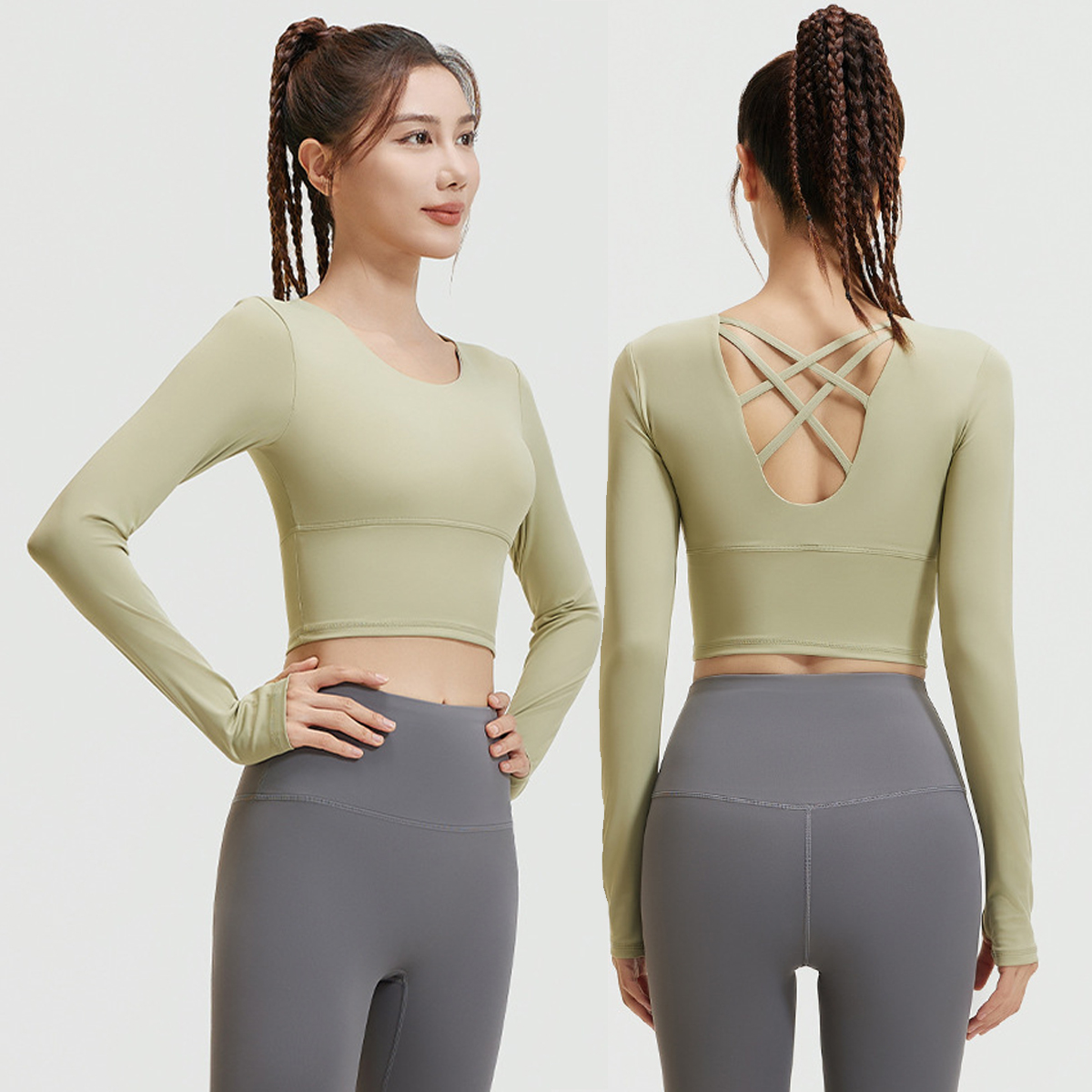 TongJoes Women's Cross-Back Long-Sleeved Fitness Top Bra-Free Slimming Sports Apparel Customizable Yoga Vest Fashion Style