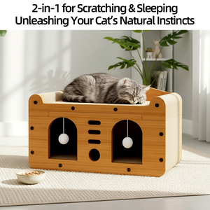 Maison pour chat en bois, design fin et peu encombrant, 50 cm, avec griffoir en nid d'abeille et deux arches, livraison rapide UE depuis la Pologne - Product Image 2