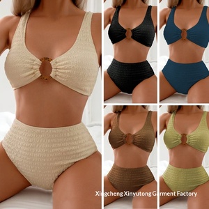 Traje de baño bikini de dos piezas de gasa de color liso sexy para mujer, <span class=keywords><strong>con</strong></span> pantalones de cintura alta y diseño hueco, estilo playero, para Europa y América - Product Image 2