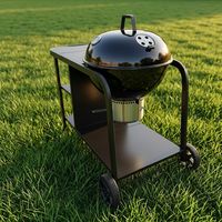 Barbecue au charbon de bois professionnel de style chariot avec grande table de préparation latérale et étagères pour les grillades en plein air