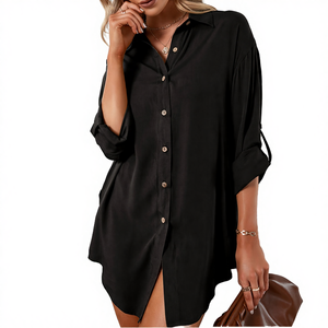 Nuevo Diseño de Camisas de Mujer, Estilo Vintage, Casual, Verano, Largas, Sólidas, con Botones, Tejidas, Transpirables, Talla Grande, Manga Raglán, de Diseñador - Product Image 4