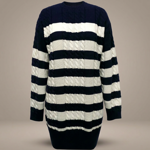 Robe longue en tricot à rayures noires et blanches, cintrée à la taille, col rond et manches longues pour femme - Product Image 3