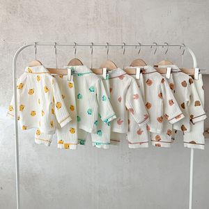 Çocuk pijamaları ayı baskılı pamuk ipliği ev takım elbise bahar sonbahar erkek kız iki parçalı giysi üst + pantolon çocuk ev takım elbise - Product Image 3