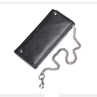 Portefeuille de motard en cuir véritable noir pour hommes pochette vintage à trois volets sac à main avec boucle porte-monnaie original à chaîne longue pour motards pour hommes