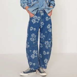 Imprimé floral Baggy Jeans Casual Loose Mid Waist Tube Shaped Women's Jeans Boho Beach Blue Cotton Denim Jeans for Women Pants - Product Image 1