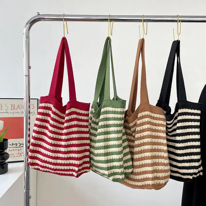 New Black And White Striped Knitted Bag Women's Shoulder Clutch Tote Bag Handbag Trend Korean Version