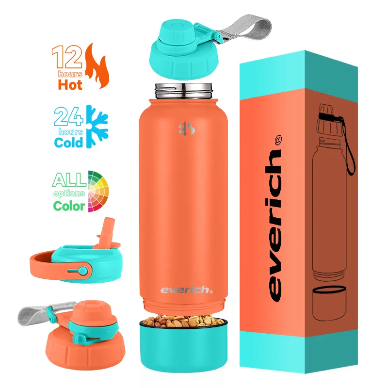 Botol air ramah lingkungan 32 oz, botol air 3 in 1, botol minum Gym, botol air Stainless Steel terisolasi, botol air 1L dengan bagian bawah penyimpanan