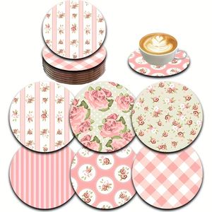 American Country Style Round Flower Checkered Heat Insulation Pad <b>Pink</b> Wooden Cup Mat UV Printed Placemat Picnic Ornament - Product Image 2