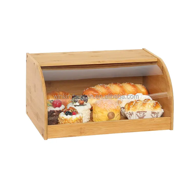 Caja de almacenamiento de pan de cocina de gran oferta, caja de pan de bambú con tapa acrílica