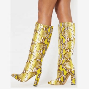 Hot Sale Python Print Block <b>High</b> Heel Snakeskin Women's <b>Knee</b> <b>High</b> Boots Ladies Pointed Toe Mid Calf Boots Shoes Women - Product Image 3