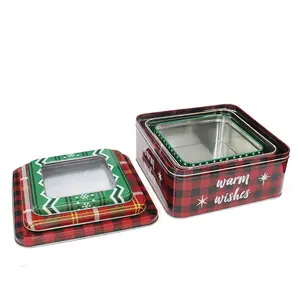 Boîte de noël carrée en métal personnalisé avec fenêtre en PVC, coffret carré en étain pour gâteaux, chocolat, bonbons, emballage de biscuits