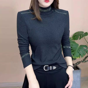 Rhinestone Velvet High Neck Long Sleeve Top For Women Slim Fit Casual Soft Inner Layer Autumn Winter Style - Product Image 1