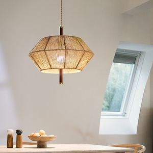 Lampe suspendue vintage américaine rétro, ronde, en corde de chanvre, en bois massif, 45 cm, 55 cm, 60 cm, pour chambre à coucher, salle à manger - Product Image 3