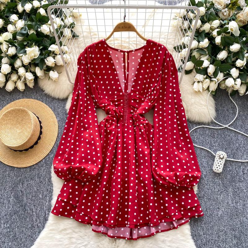 open lace back dress Womens Polka Dot Print Puff Sleeve Knot Front Ruched Bust Red Dress Summer  Dresses for Women at Amazon Women's Clothing store
