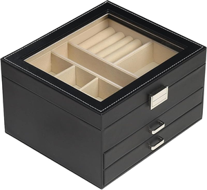 Boîte à bijoux élégante en cuir PU et velours avec couvercle en verre, grande capacité, personnalisable, pour colliers et bagues – Offre spéciale - Product Image 1