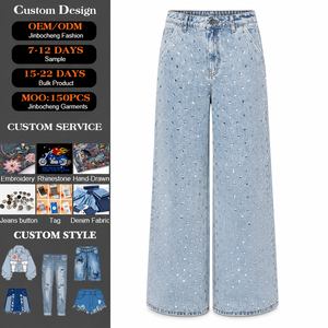 <span class=keywords><strong>Jeans</strong></span> da <span class=keywords><strong>Donna</strong></span> a Gamba Dritta Vestibilità Ampia Effetto Vintage con Strass Completi Stile Streetwear Casual a Vita Media - Product Image 1