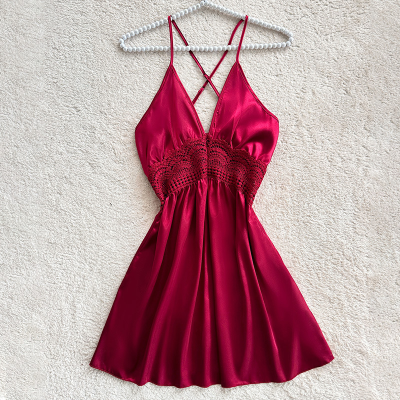 New Style Elegant Red Satin Winter Casual Night Dress Cross Back Deep V Lace  Splicing Elastic Waist Knee Comfortable Womens| Alibaba.com