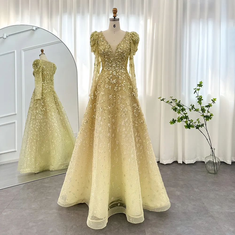 Scz121 Luxo Dubai Amarelo Vestido De Noite Árabe 2023 Elegante Manga Longa Azul Muçulmanas Mulheres Casamento Vestidos De Festa Formal