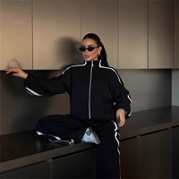 Nouvelle collection 2026 : Ensemble décontracté deux pièces pour femme, style sportswear, à manches longues, avec blocs de couleur et rayures, inspiré des tendances transfrontalières Europe-Amérique.