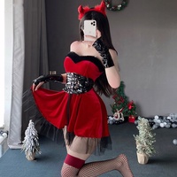 Costume de diable de Noël S15 pour femmes, robe en velours rouge avec bandeau à cornes, cape, gants, tenue de cosplay gothique, fête d'Halloween