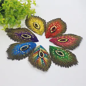 Wholesale cheap iron on ostrich feathers and eye patch 4 inch heat press peacock feather embroidered patches for clothing dress