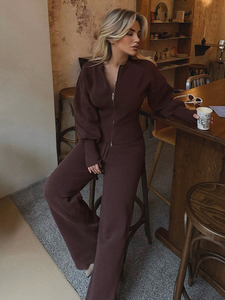 Ensemble décontracté transfrontalier 2026 Automne/Hiver – Haut tricoté uni zippé coupe ajustée et pantalon taille haute à jambes larges – Ensemble deux pièces - Product Image 5