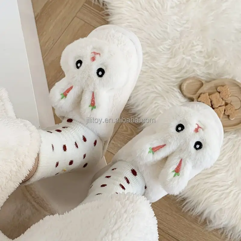 Mainan boneka kelinci sandal berbulu alas kaki Non-slip lembut hangat musim dingin sandal untuk wanita hadiah poliester/sepatu rumah AIXINI