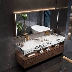 Modern hotel style intelligent lighting <b>mirror</b> rock board integrated basin bathroom cabinet - Product Image 3