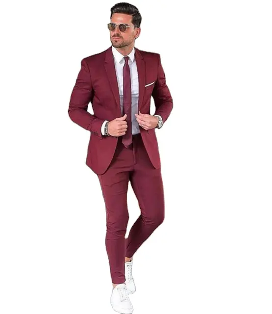 Elegant Custom Burgundy Men Suit Blazers For Party Prom 2 Pieces Jacket + Pants Groom Wedding Suits Notched Lapel Mens Tuxedos