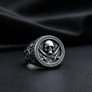 Anillo de Sello Yunnique de Acero Inoxidable 316 con Calavera Pirata para Hombre, Tono Plata Antiguo, Grabado Náutico, Estilo Rebelde, Motero, Punk, Hip Hop - Product Image 1