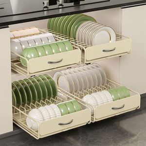 Étagère à vaisselle coulissante pliable en métal pour armoire de cuisine, avec rails de glissement sans perçage pour le rangement des assiettes et des ustensiles de cuisine - Product Image 1