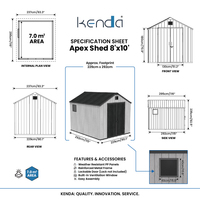 Cobertizo Resistente Kenda Apex de 8x10 pies, Paredes Dobles Estructurales de PP de 15 mm, Nivel 11, Resistente a Tifones, Material Ecológico con Certificación GRS