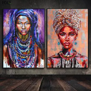 Graffiti Art Africain Noir Femmes avec Turban Bijoux Toile Peinture Mur Art Tribu Femme Affiches Photos Décor À La Maison Peinture