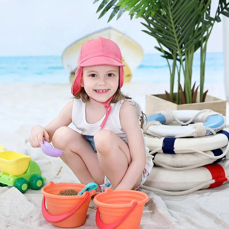 H019C Custom Logo Children Sun Block Flap Cotton Cap UV Summer Kids Play Hats UPF 50+ Sun Protection Baby Beach Hat