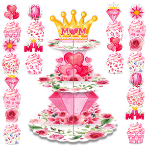 Huancai fête des mères gâteau support 3 niveaux couronne Floral Cupcake support Dessert tour décor pour <span class=keywords><strong>maman</strong></span> fête d'anniversaire fournitures - Product Image 4