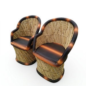 Luxury Leather Edge Bamboo Brown Thrown Chair Set 2 Comfortable Padded Seating Modern Park Villa Outdoor Dining Office Living - Product Image 1