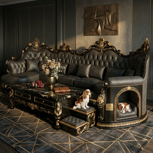 Divano Sezionale Classico in Pelle per Villa di Lusso, Mobili da Soggiorno in Legno Massello Intagliato con Letto Integrato per Animali Domestici - Product Image 3