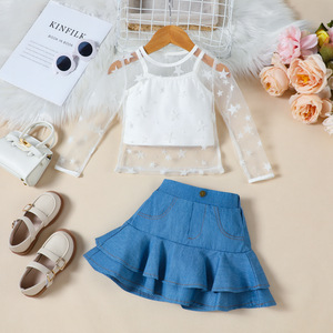 Hot Bán Ngọt Ngào Và Mát Mẻ Mô Hình Ngôi Sao Lưới Dài Tay Áo Mùa Thu Và Mùa Đông Cô Gái Ba Mảnh Thiết Lập Camisole + Áo + Váy Ngắn - Product Image 4